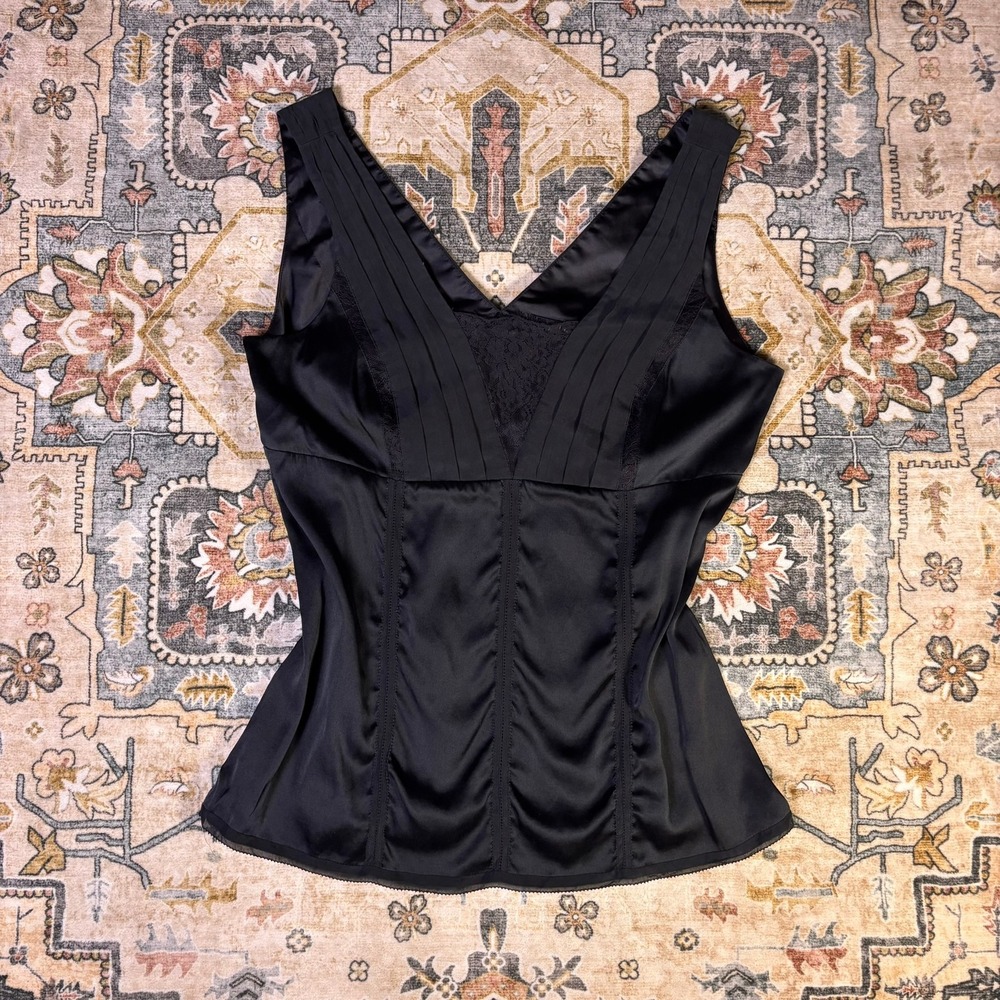 Vintage Black Silk Stretch Lace Trim Pleated Camisole Top Y2K Whimsygoth Dark M